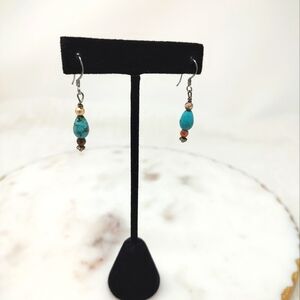 Handmade turquoise and small pearl bead stacked dangle earrings
